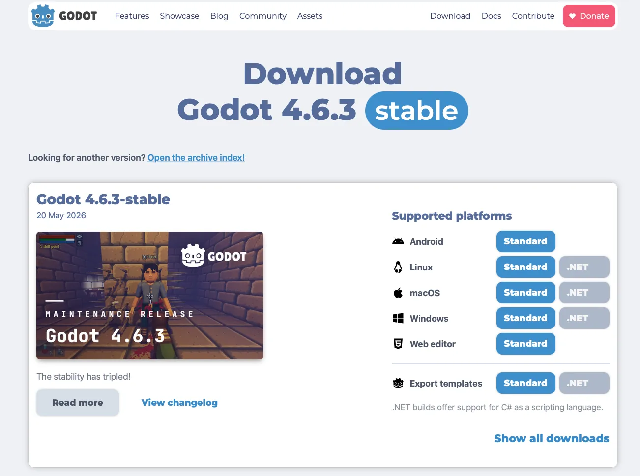 Godot 4.6.3のダウンロードページ。Supported platformsの一覧からOSごとのStandard版がダウンロードできる